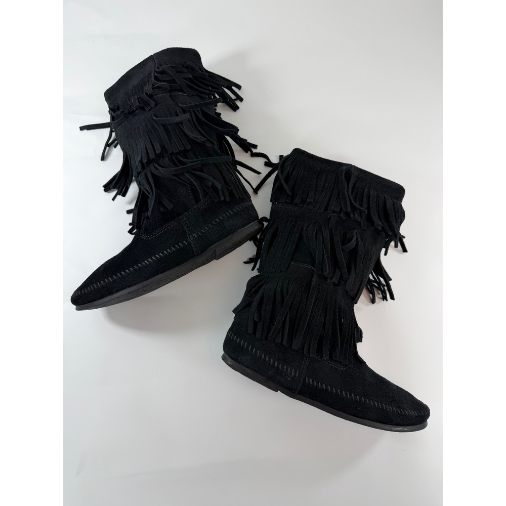 Minnetonka Womens 3-Layer Fringe Black Suede Moccasin Boots 1639 Size 9
